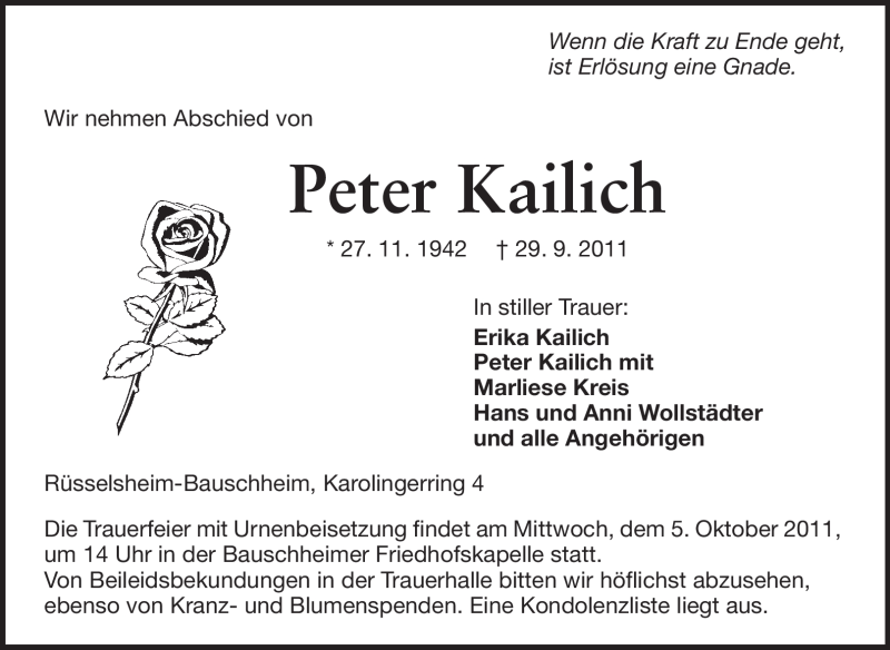  Traueranzeige für Peter Kailich vom 01.10.2011 aus Rüsselsheimer Echo, Groß-Gerauer-Echo, Ried Echo
