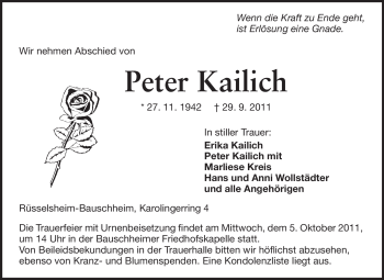 Traueranzeige von Peter Kailich von Rüsselsheimer Echo, Groß-Gerauer-Echo, Ried Echo