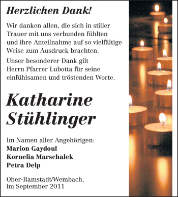 Traueranzeige von Katharine Stühlinger von Echo-Zeitungen (Gesamtausgabe)