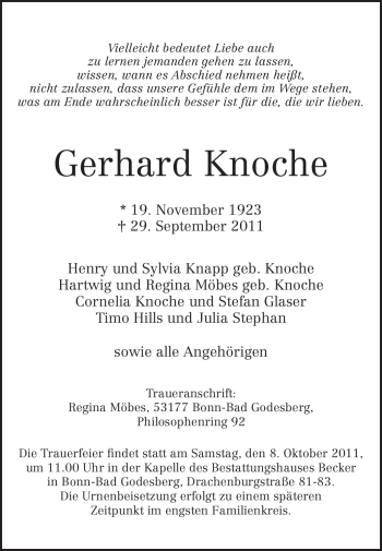 Traueranzeige von Gerhard Knoche von Echo-Zeitungen (Gesamtausgabe)