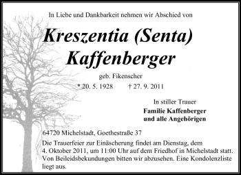 Traueranzeige von Kreszentia (Senta) Kaffenberger von Odenwälder Echo