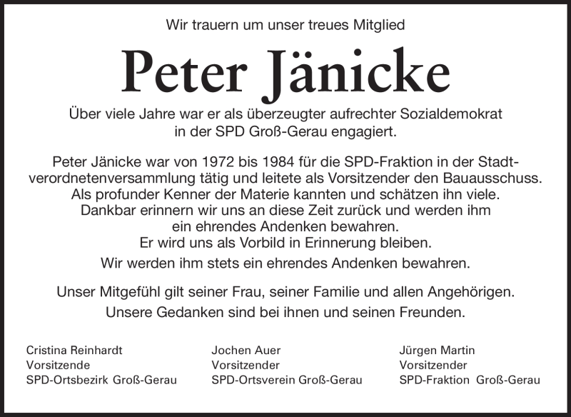  Traueranzeige für Peter Jänicke vom 01.10.2011 aus Rüsselsheimer Echo, Groß-Gerauer-Echo, Ried Echo