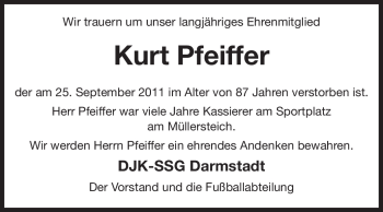 Traueranzeige von Kurt Pfeiffer von Echo-Zeitungen (Gesamtausgabe)