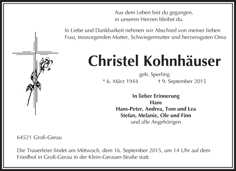  Traueranzeige für Christel Kohnhäuser vom 11.09.2015 aus trauer.echo-online.de