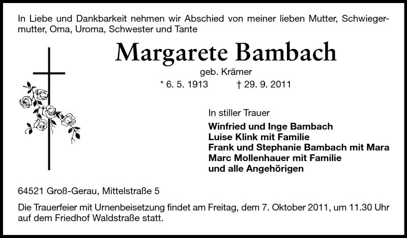  Traueranzeige für Margarete Bambach vom 04.10.2011 aus Rüsselsheimer Echo, Groß-Gerauer-Echo, Ried Echo