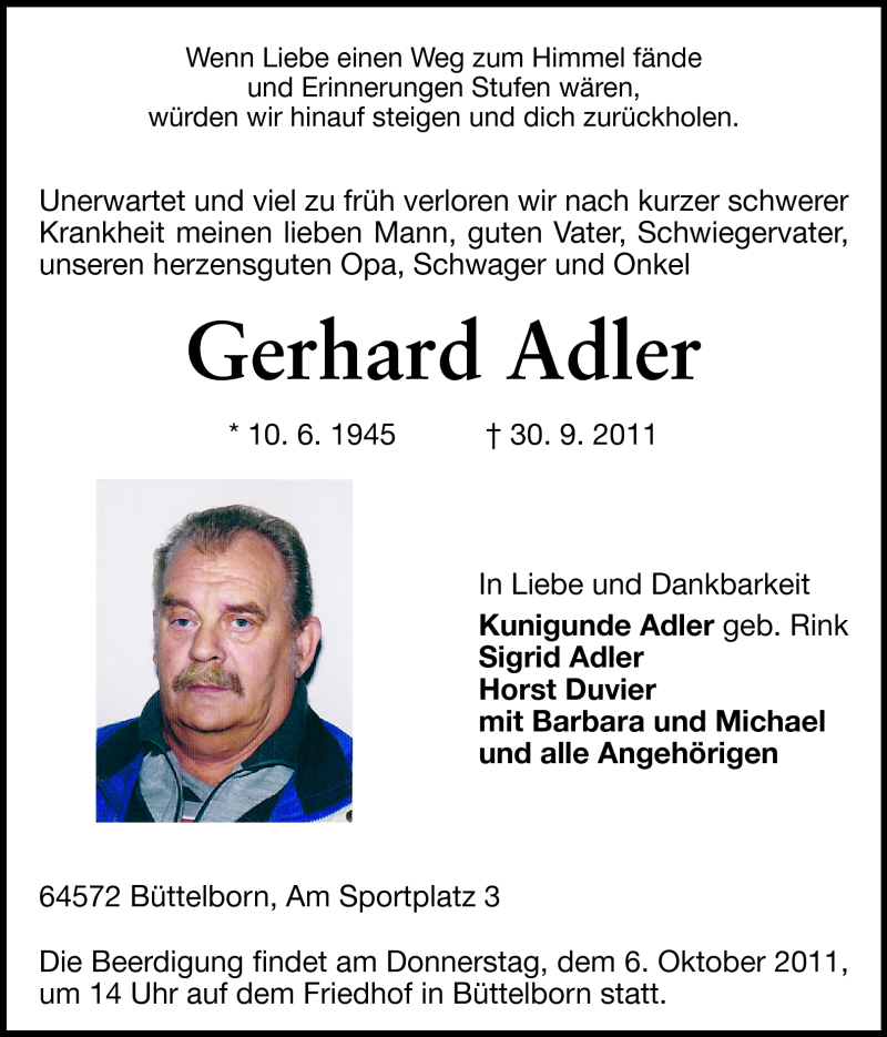  Traueranzeige für Gerhard Adler vom 04.10.2011 aus Rüsselsheimer Echo, Groß-Gerauer-Echo, Ried Echo