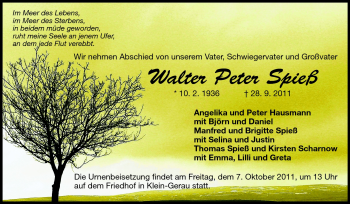 Traueranzeige von Walter Peter Spieß von Rüsselsheimer Echo, Groß-Gerauer-Echo, Ried Echo