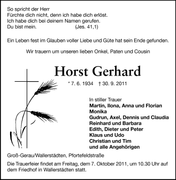 Traueranzeige von Horst Gerhard von Rüsselsheimer Echo, Groß-Gerauer-Echo, Ried Echo