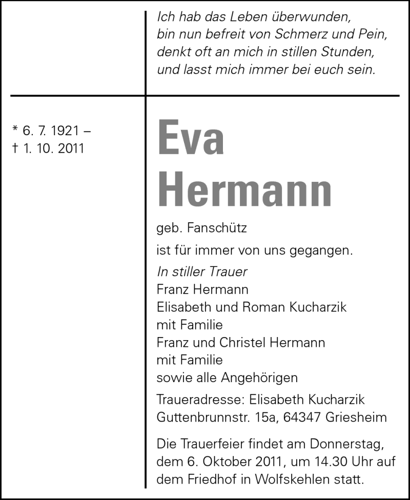  Traueranzeige für Eva Hermann vom 05.10.2011 aus Rüsselsheimer Echo, Groß-Gerauer-Echo, Ried Echo