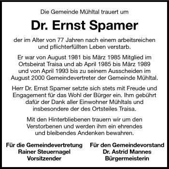 Traueranzeige von Ernst Spamer von Echo-Zeitungen (Gesamtausgabe)