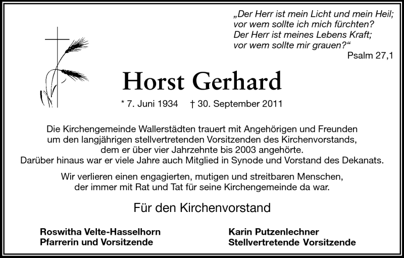  Traueranzeige für Horst Gerhard vom 05.10.2011 aus Rüsselsheimer Echo, Groß-Gerauer-Echo, Ried Echo