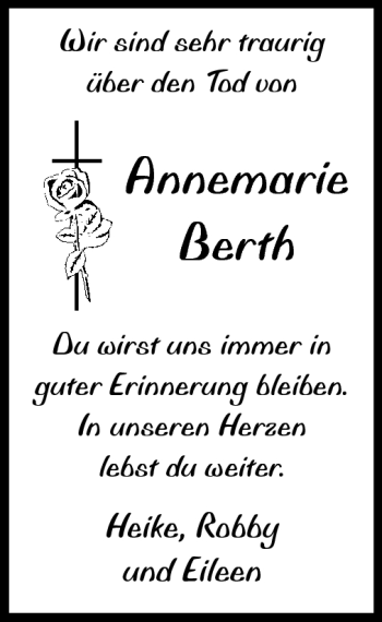 Traueranzeige von Annemarie Berth von Echo-Zeitungen (Gesamtausgabe)