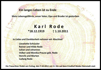 Traueranzeige von Karl Rode von Echo-Zeitungen (Gesamtausgabe)