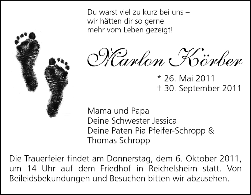 Traueranzeige für Marlon Körber vom 05.10.2011 aus Odenwälder Echo