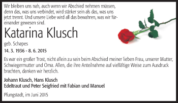 Traueranzeige von Katarina Klusch von Echo-Zeitungen (Gesamtausgabe)