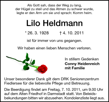 Traueranzeige von Liselore Heldmann von Darmstädter Echo, Odenwälder Echo, Rüsselsheimer Echo, Groß-Gerauer-Echo, Ried Echo