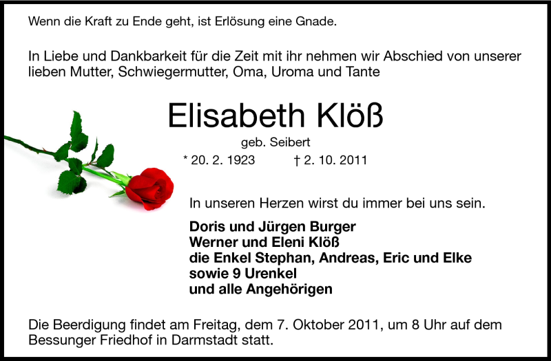  Traueranzeige für Elisabeth Klöß vom 05.10.2011 aus Echo-Zeitungen (Gesamtausgabe)