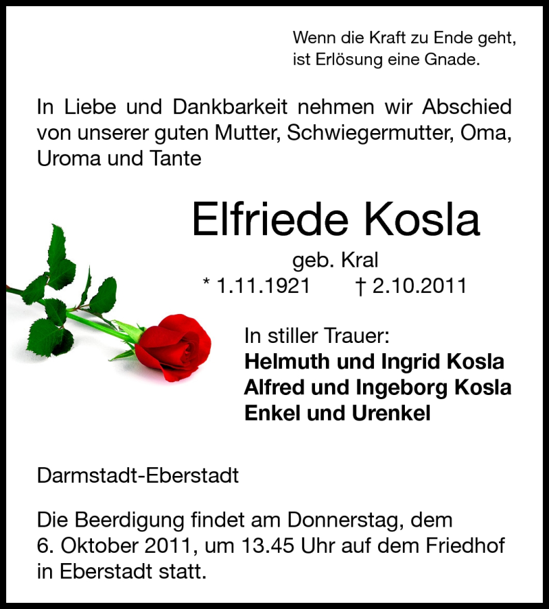  Traueranzeige für Elfriede Kosla vom 05.10.2011 aus Echo-Zeitungen (Gesamtausgabe)