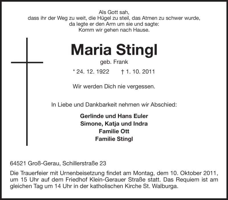  Traueranzeige für Maria Stingl vom 07.10.2011 aus Rüsselsheimer Echo, Groß-Gerauer-Echo, Ried Echo