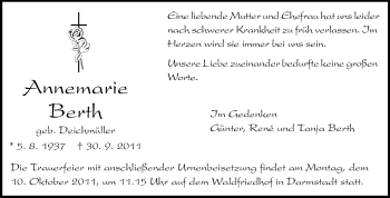 Traueranzeige von Annemarie Berth von Darmstädter Echo, Odenwälder Echo, Rüsselsheimer Echo, Groß-Gerauer-Echo, Ried Echo