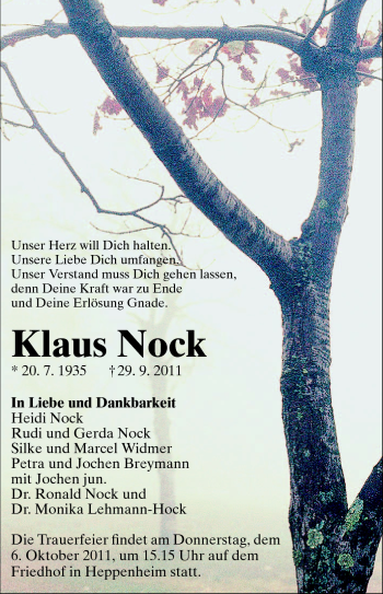 Traueranzeige von Klaus Nock von Starkenburger Echo