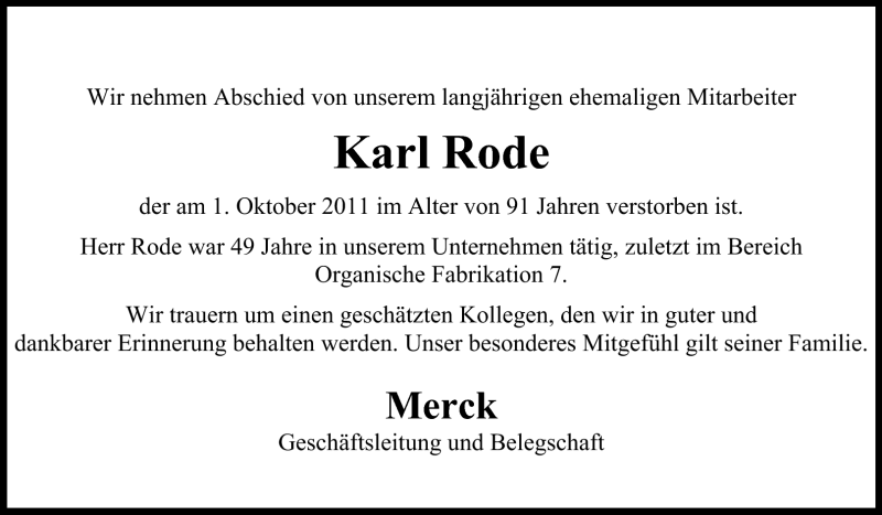  Traueranzeige für Karl Rode vom 05.10.2011 aus Echo-Zeitungen (Gesamtausgabe)