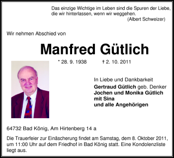 Traueranzeige von Manfred Gütlich von Echo-Zeitungen (Gesamtausgabe)