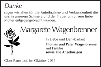 Traueranzeige von Margarete Wagenbrenner von Darmstädter Echo, Odenwälder Echo, Rüsselsheimer Echo, Groß-Gerauer-Echo, Ried Echo