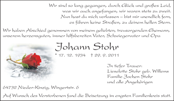 Traueranzeige von Johann Stohr von Echo-Zeitungen (Gesamtausgabe)