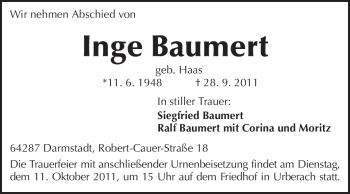 Traueranzeige von Inge Baumert von Darmstädter Echo, Odenwälder Echo, Rüsselsheimer Echo, Groß-Gerauer-Echo, Ried Echo
