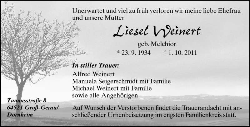  Traueranzeige für Liesel Weinert vom 06.10.2011 aus Rüsselsheimer Echo, Groß-Gerauer-Echo, Ried Echo