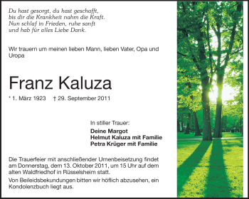 Traueranzeige von Franz Kaluza von Rüsselsheimer Echo, Groß-Gerauer-Echo, Ried Echo