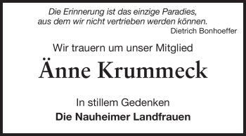 Traueranzeige von Änne Krummeck von Rüsselsheimer Echo, Groß-Gerauer-Echo, Ried Echo