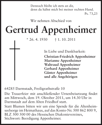 Traueranzeige von Gertrud Appenheimer von Echo-Zeitungen (Gesamtausgabe)