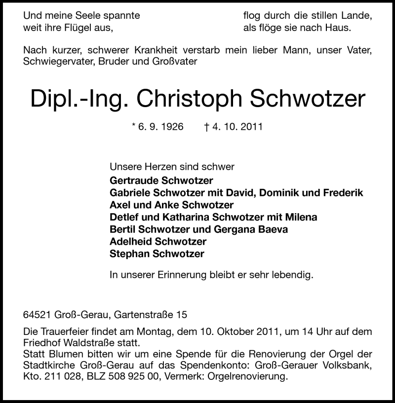 Traueranzeige für Christoph Schwotzer vom 06.10.2011 aus Rüsselsheimer Echo, Groß-Gerauer-Echo, Ried Echo