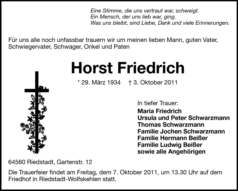  Traueranzeige für Horst Friedrich vom 06.10.2011 aus Rüsselsheimer Echo, Groß-Gerauer-Echo, Ried Echo