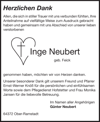 Traueranzeige von Inge Neubert von Darmstädter Echo, Odenwälder Echo, Rüsselsheimer Echo, Groß-Gerauer-Echo, Ried Echo