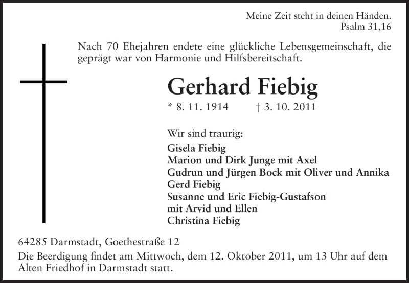  Traueranzeige für Gerhard Fiebig vom 08.10.2011 aus Echo-Zeitungen (Gesamtausgabe)