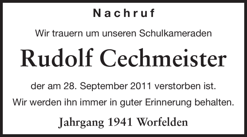  Traueranzeige für Rudolf Cechmeister vom 08.10.2011 aus Rüsselsheimer Echo, Groß-Gerauer-Echo, Ried Echo