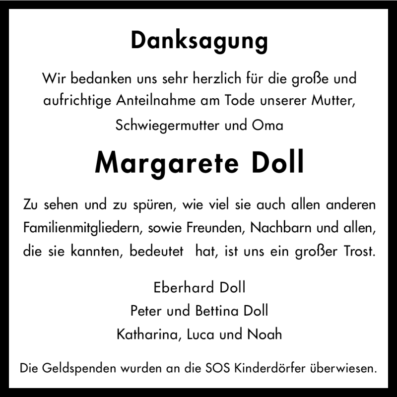  Traueranzeige für Margarete Doll vom 08.10.2011 aus Rüsselsheimer Echo, Groß-Gerauer-Echo, Ried Echo
