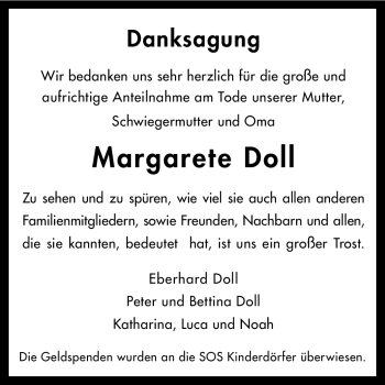 Traueranzeige von Margarete Doll von Rüsselsheimer Echo, Groß-Gerauer-Echo, Ried Echo