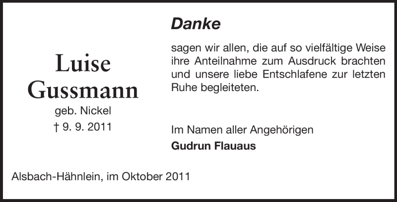  Traueranzeige für Luise Gussmann vom 08.10.2011 aus Echo-Zeitungen (Gesamtausgabe)