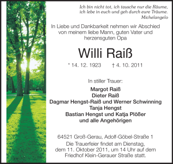 Traueranzeige von Willi Raiß von Rüsselsheimer Echo, Groß-Gerauer-Echo, Ried Echo