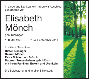 Traueranzeige von Elisabeth Mönch von Darmstädter Echo, Odenwälder Echo, Rüsselsheimer Echo, Groß-Gerauer-Echo, Ried Echo