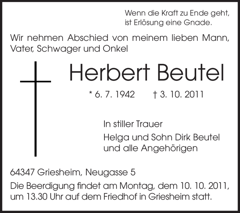  Traueranzeige für Herbert Beutel vom 08.10.2011 aus Echo-Zeitungen (Gesamtausgabe)