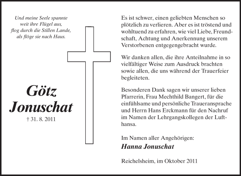  Traueranzeige für Götz Jonuschat vom 08.10.2011 aus Odenwälder Echo