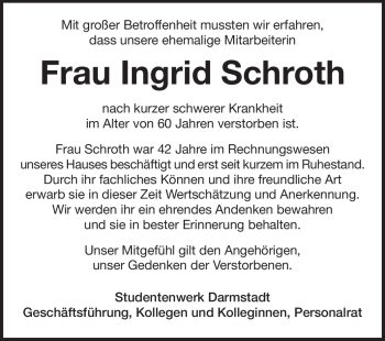 Traueranzeige von Ingrid Schroth von Echo-Zeitungen (Gesamtausgabe)