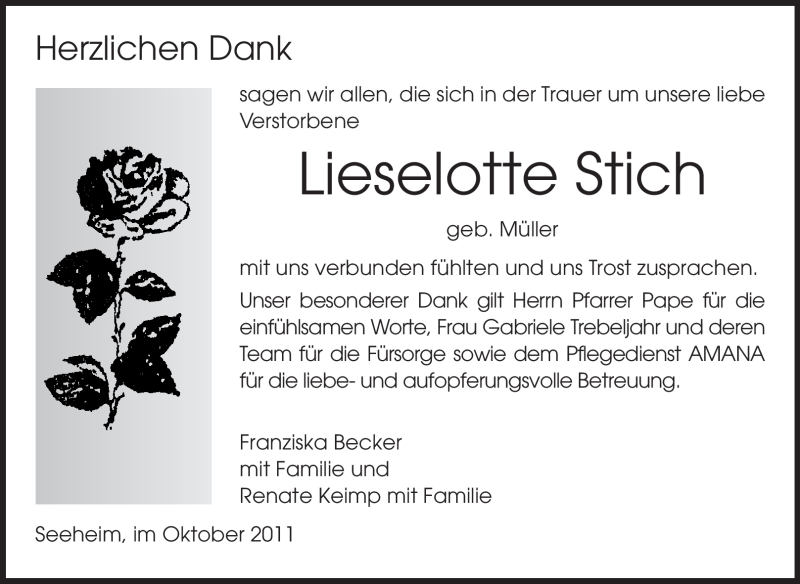  Traueranzeige für Lieselotte Stich vom 08.10.2011 aus Echo-Zeitungen (Gesamtausgabe)