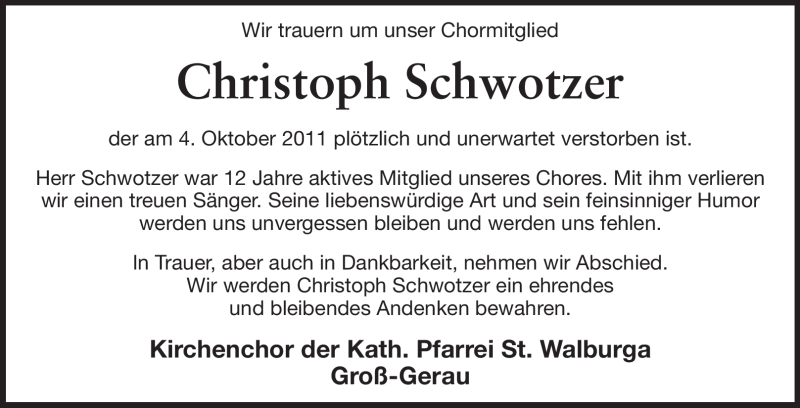  Traueranzeige für Christoph Schwotzer vom 08.10.2011 aus Rüsselsheimer Echo, Groß-Gerauer-Echo, Ried Echo