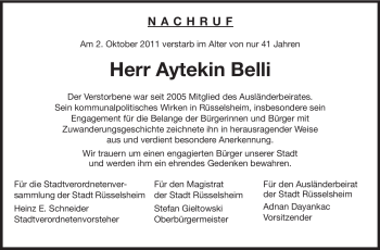 Traueranzeige von Aytekin Belli von Rüsselsheimer Echo, Groß-Gerauer-Echo, Ried Echo